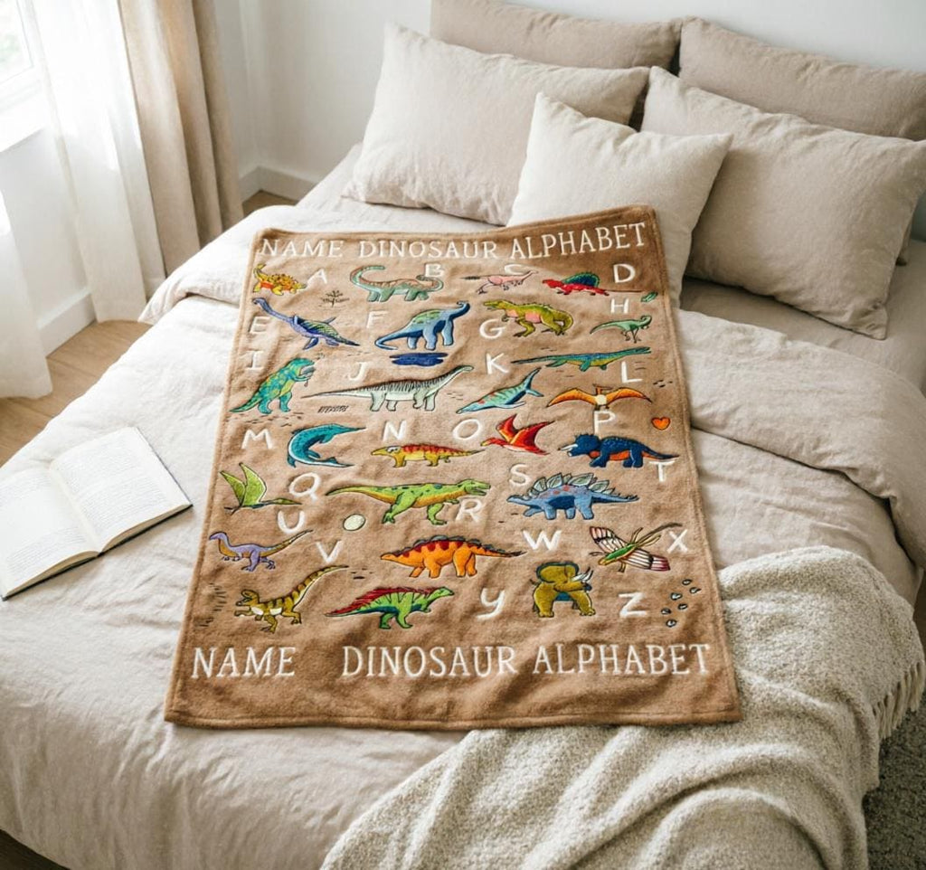 Custom Name Dinosaur ABC Blanket Soft Throw, Kids Dino Alphabet Learning Throw, Personalized Baby Shower Gift