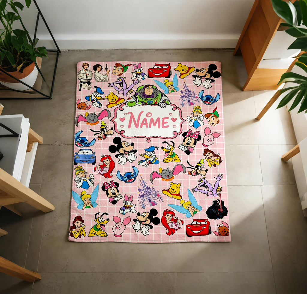 Personalized Disney Character Blanket Soft Throw, Custom Name Disney Collage Blanket, Kids Birthday Gift