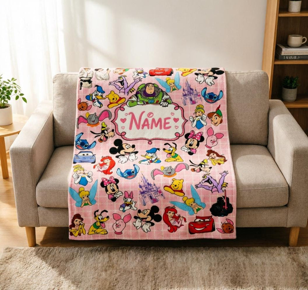 Personalized Disney Character Blanket Soft Throw, Custom Name Disney Collage Blanket, Kids Birthday Gift