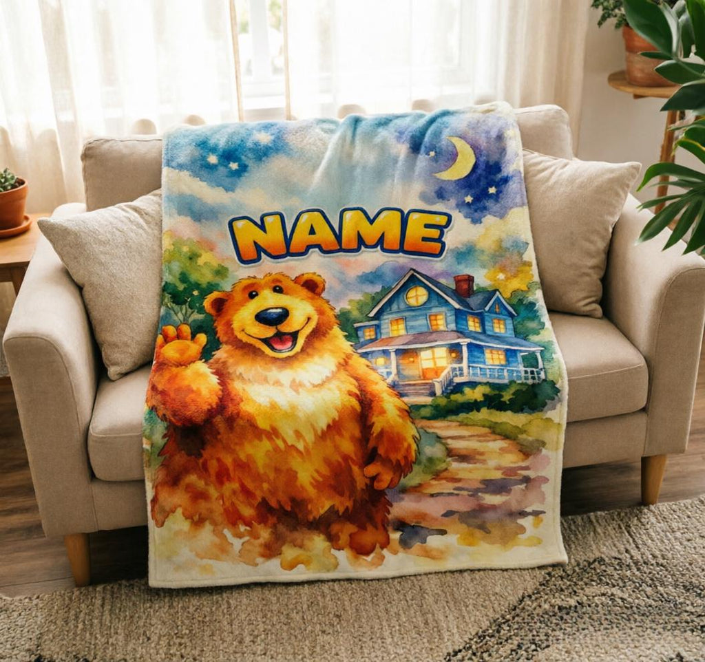Personalized Watercolor Bear Throw Blanket, Custom Name, Soft Flannel Kids Gift