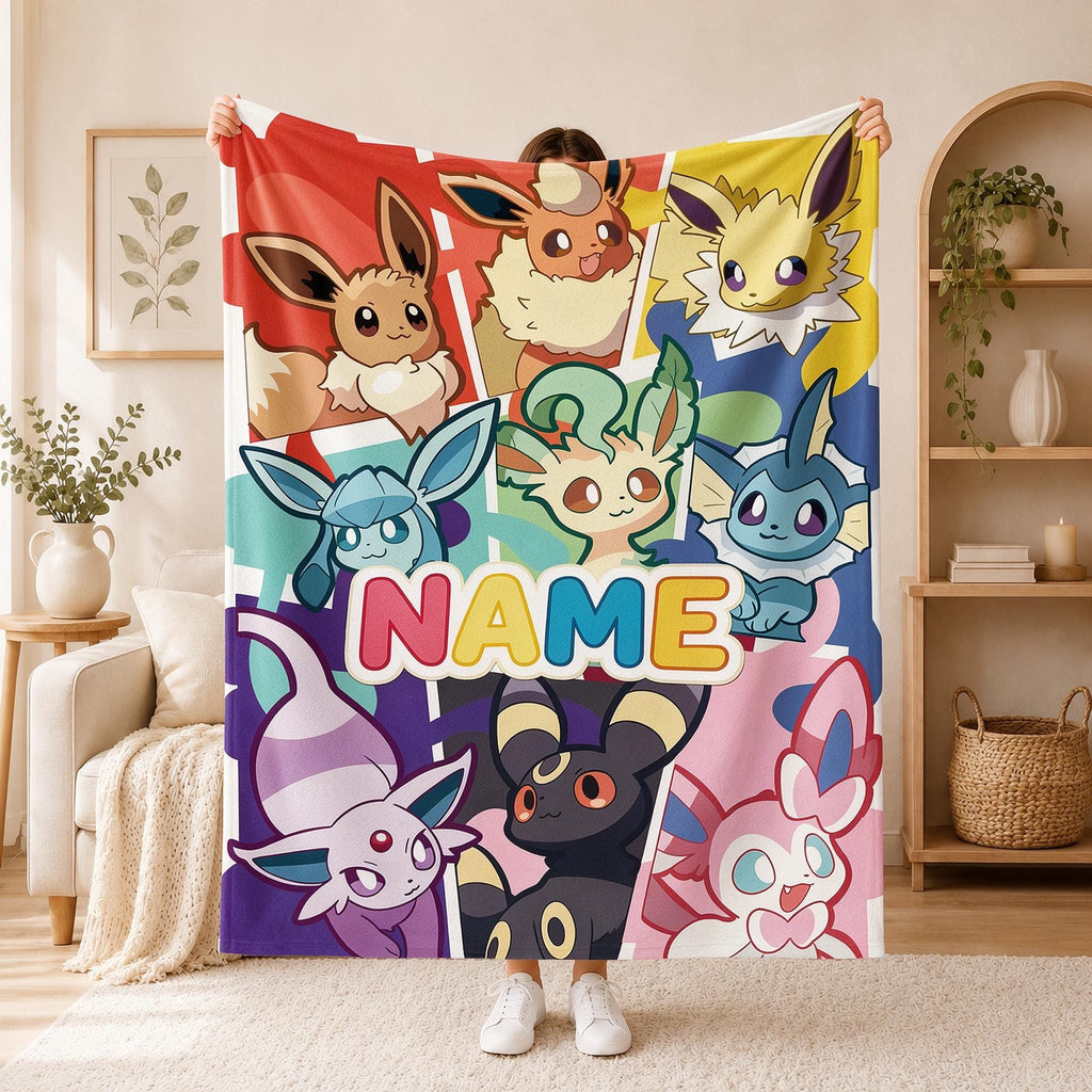 Monster Collectors Custom Name Eevee Blanket Soft Throw.Pastel Nursery Room Decor