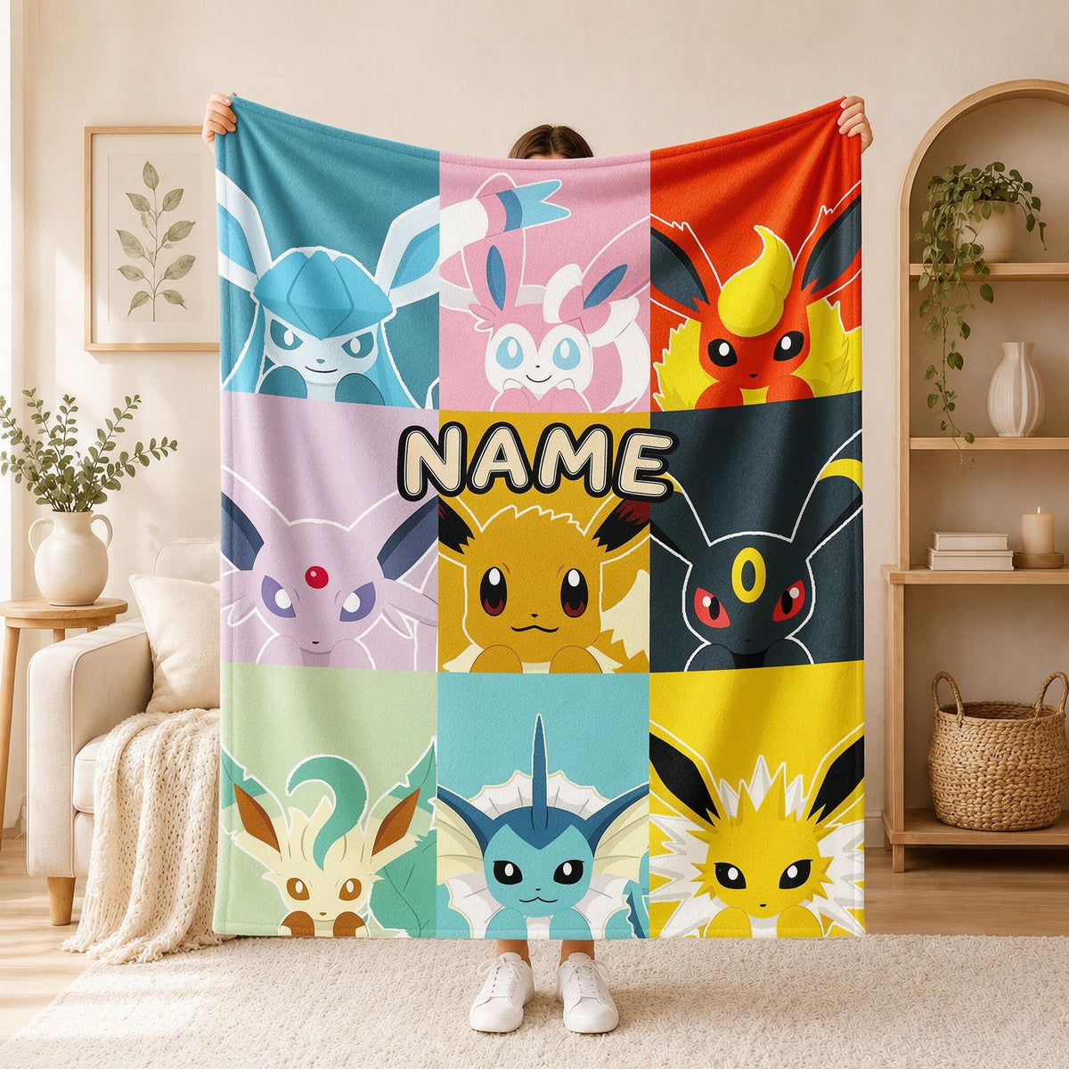 Monster Collectors Custom Name Eevee Blanket Soft Throw.Pastel Nursery Room Decor