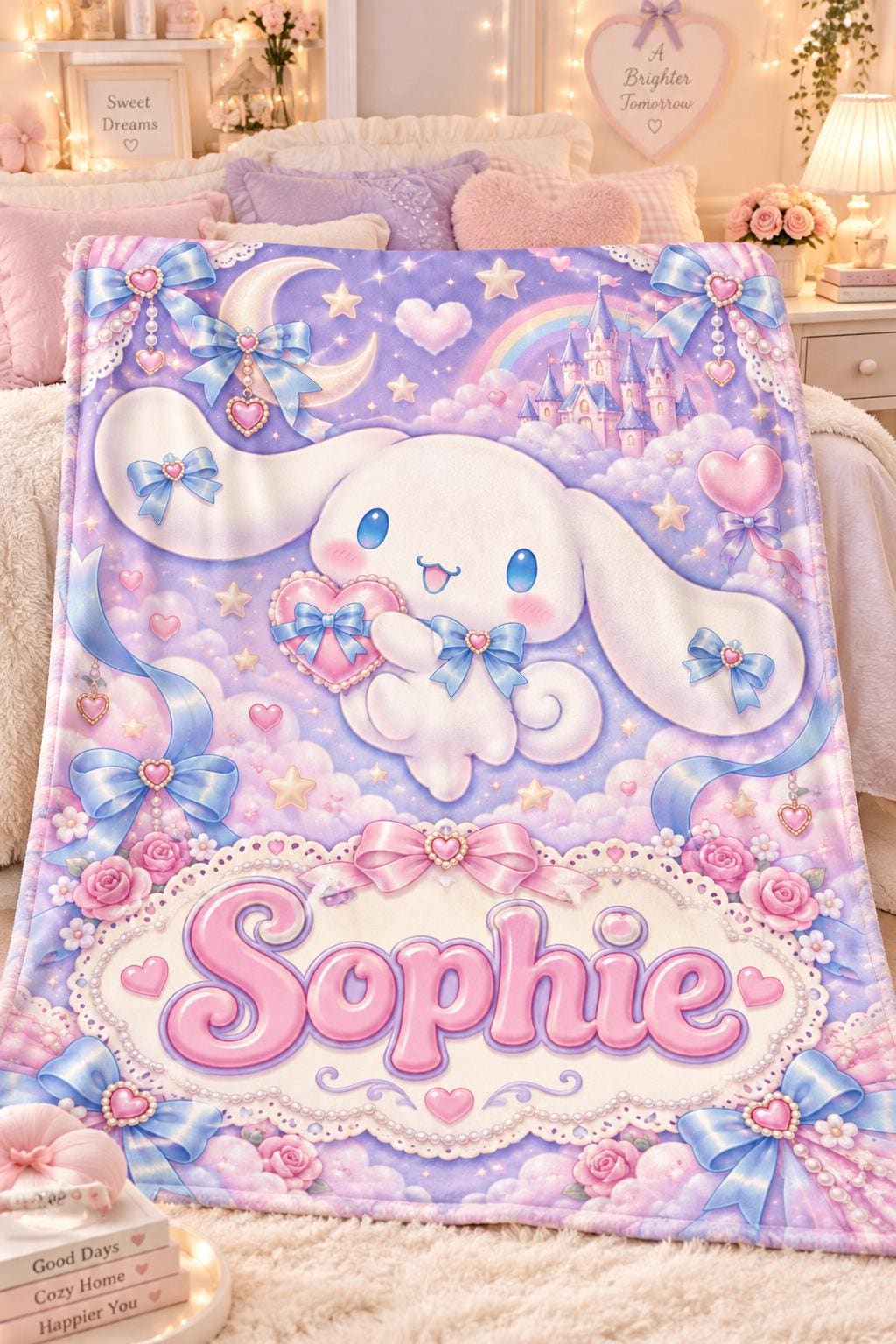 Personalized Cute Puppy Character Flannel Blanket, Custom Name Cozy Throw Blanket, Kawaii Kids Blanket, Soft Baby Room Decor Gift
