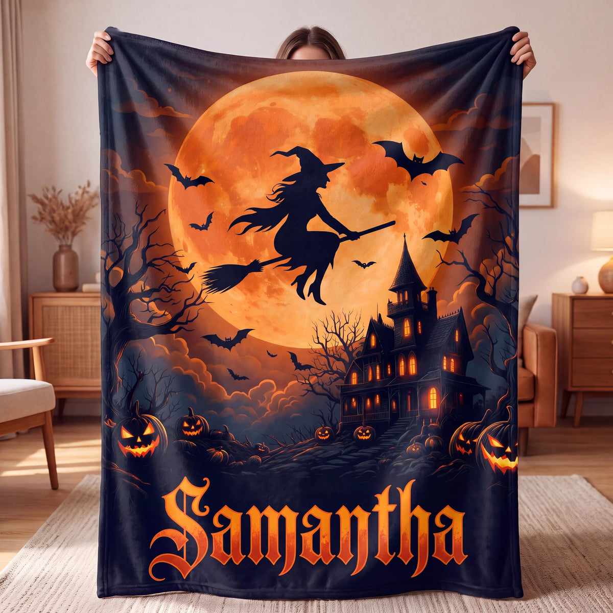 Personalized Halloween Blanket for Kids, Spooky Basket Filler, Custom Cute Ghost Jack O Lantern Throw, Witchy Fall Decor, Boo Basket Gift
