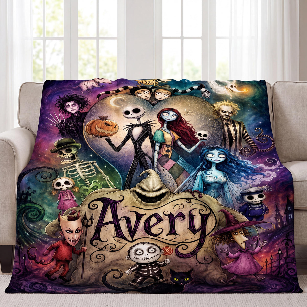 Personalized Skeleton Pumpkin Custom Name Flannel Throw Blanket Sally and Jack Halloween Christmas Gothic Fan Gift Cozy Home Bedding Decor