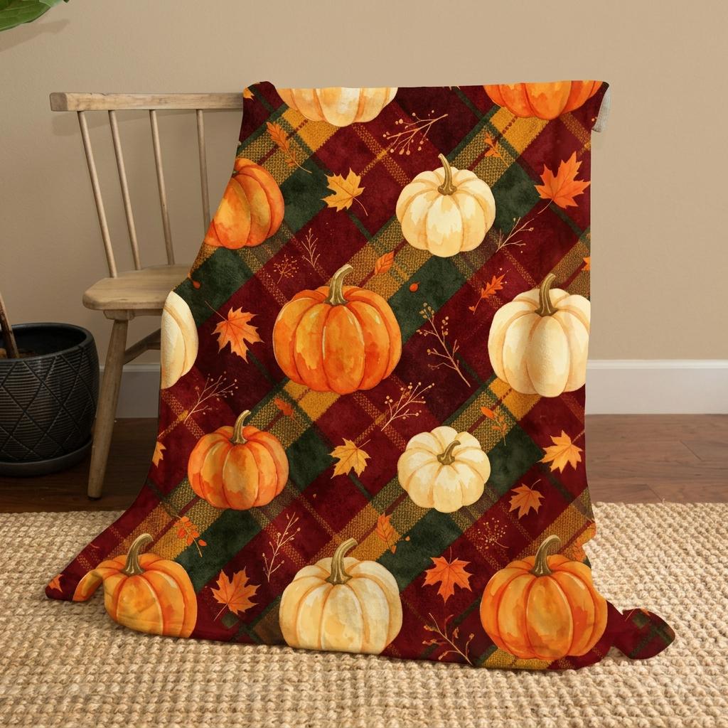 Fall Pumpkin Plaid Blanket, Autumn Leaf Throw, Rustic Flannel, Cozy Farmhouse Decor, Gift for Her, Soft Fall Blanket