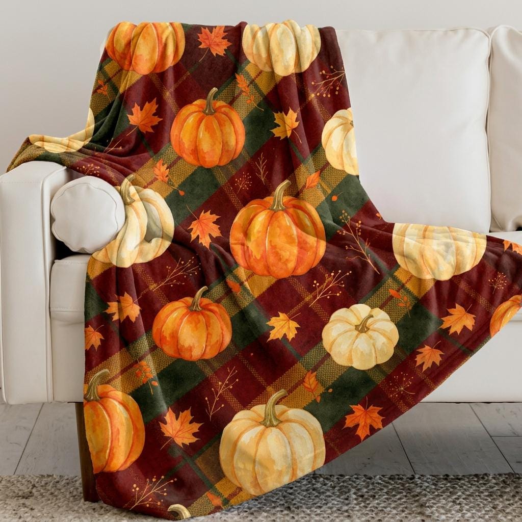 Fall Pumpkin Plaid Blanket, Autumn Leaf Throw, Rustic Flannel, Cozy Farmhouse Decor, Gift for Her, Soft Fall Blanket