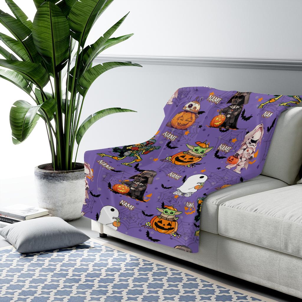Personalized Star Wars Halloween Blanket, Custom Name Spooky Pumpkin Yoda Darth Vader Throw Blanket, Cute Sci Fi Spooky Season Blanket Gift