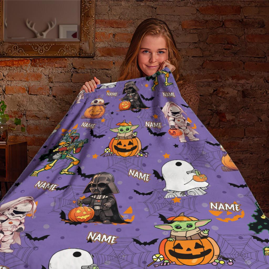 Personalized Star Wars Halloween Blanket, Custom Name Spooky Pumpkin Yoda Darth Vader Throw Blanket, Cute Sci Fi Spooky Season Blanket Gift
