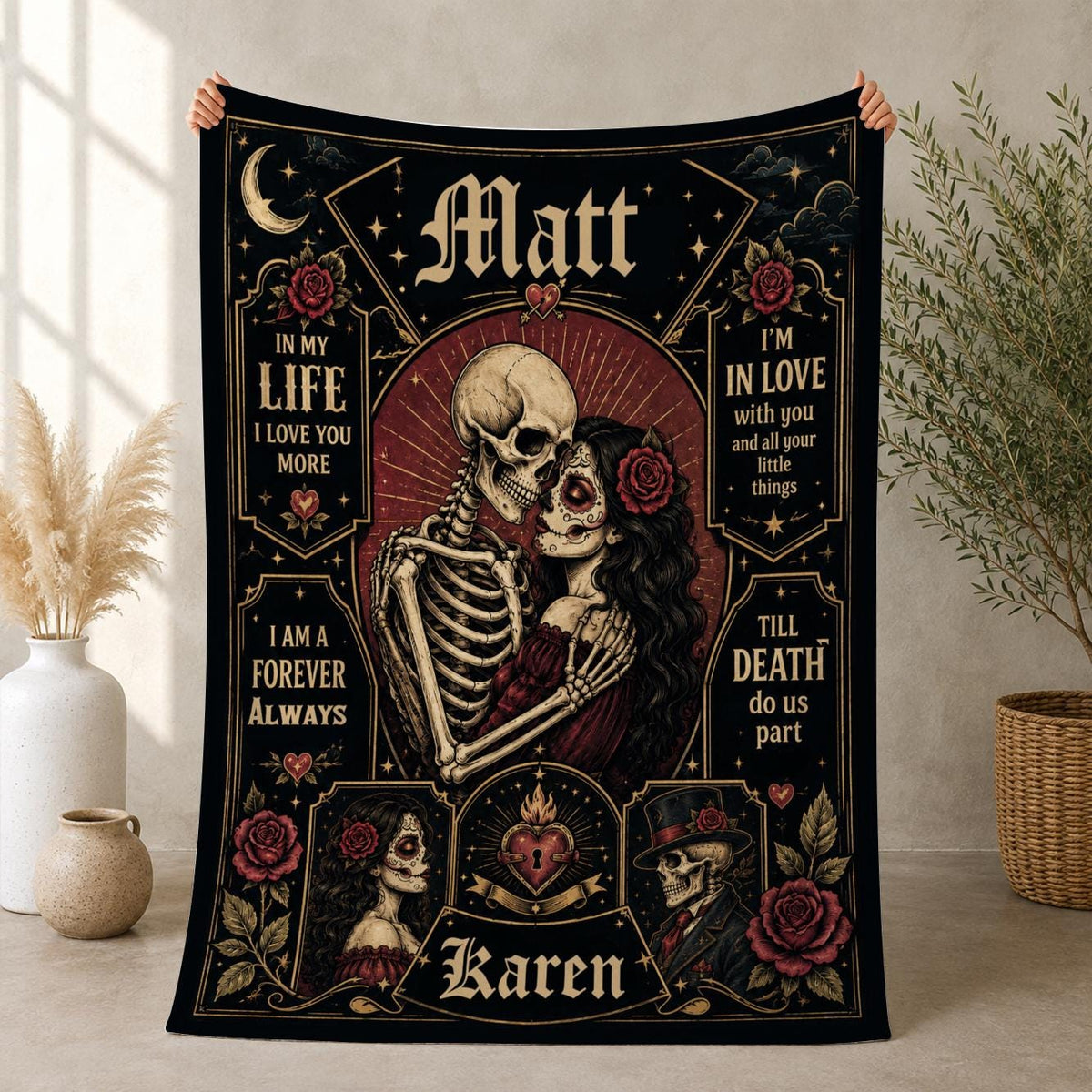 Personalized Skeleton Couple Blanket, Custom Names, Romantic Halloween Gift (Fleece, Sherpa, Woven, Quilt)