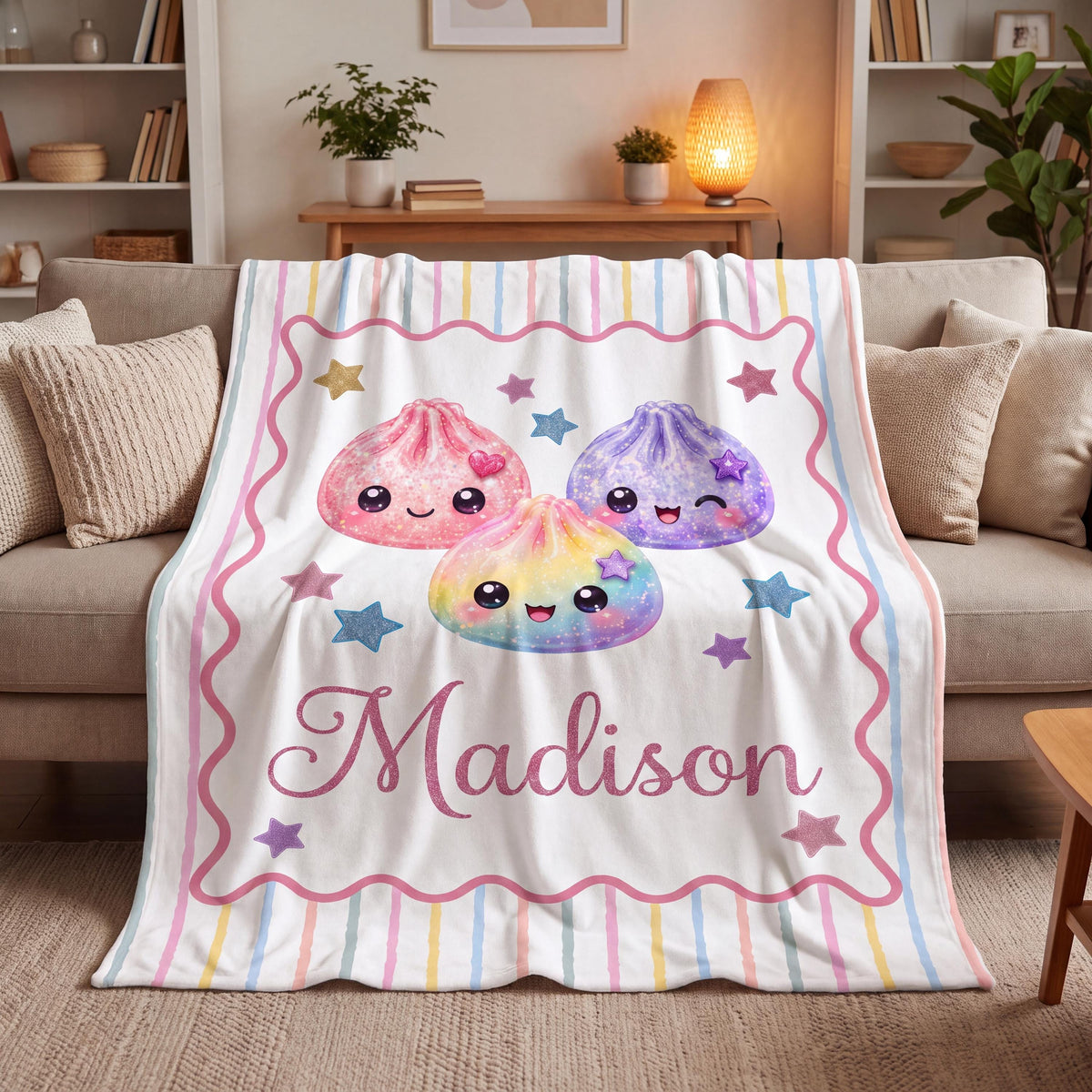 Personalized Squishy Dumpling Flannel Blanket, Custom Pastel Kawaii Throw, Cute Name Bedding Gift for Girls