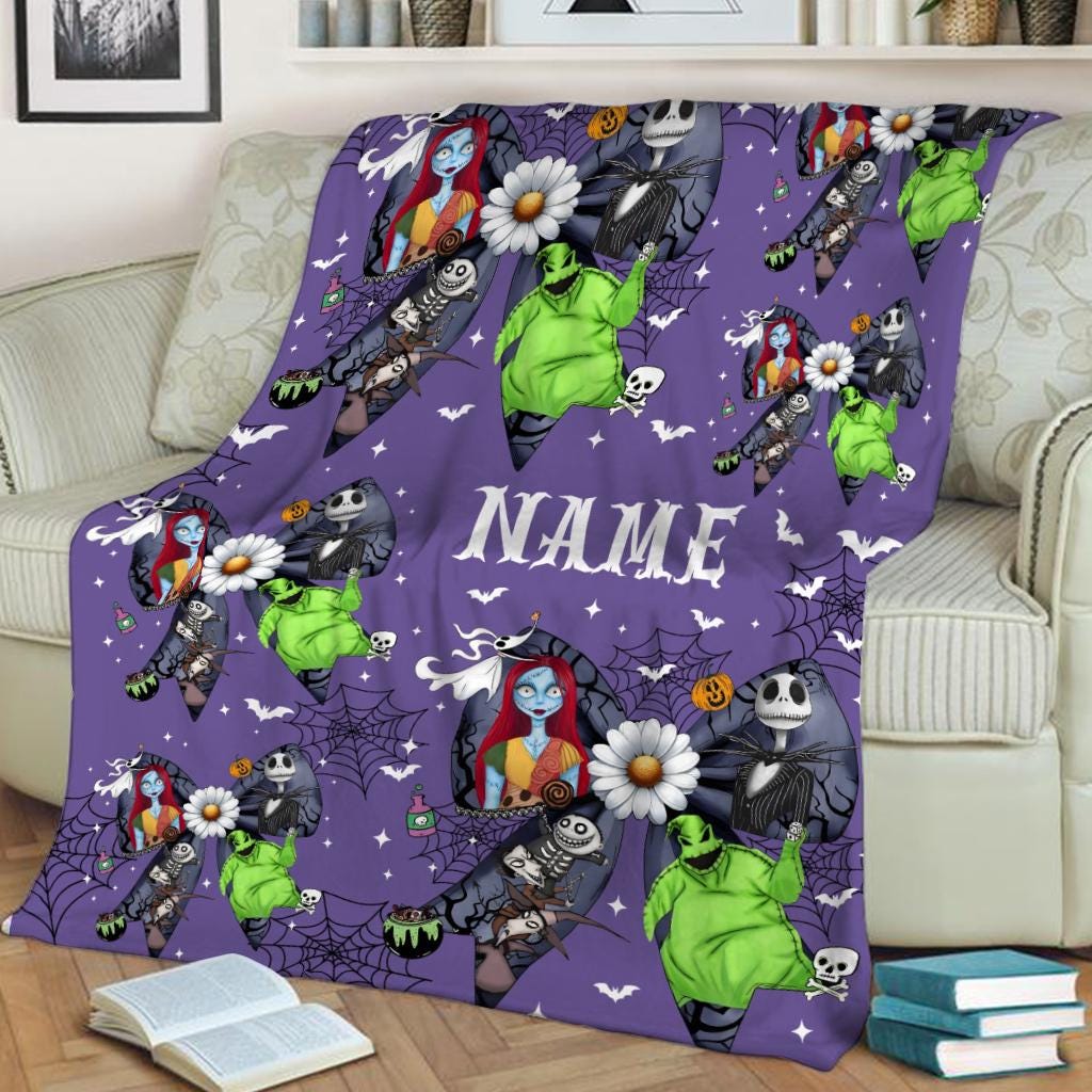 Personalized Nightmare Before Christmas Blanket, Custom Name Jack Skellington Sally Throw Blanket, Spooky Season Gothic Halloween Gift