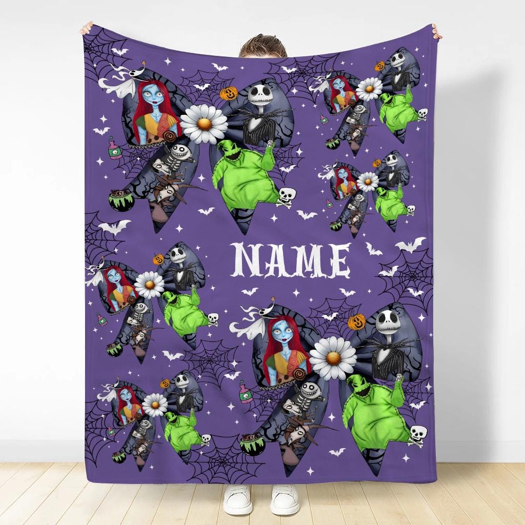 Personalized Nightmare Before Christmas Blanket, Custom Name Jack Skellington Sally Throw Blanket, Spooky Season Gothic Halloween Gift