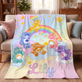 Personalized Pastel Rainbow Bear Flannel Blanket, Custom Name Animal Throw, Retro Nursery Decor, Kids Bedding Gift