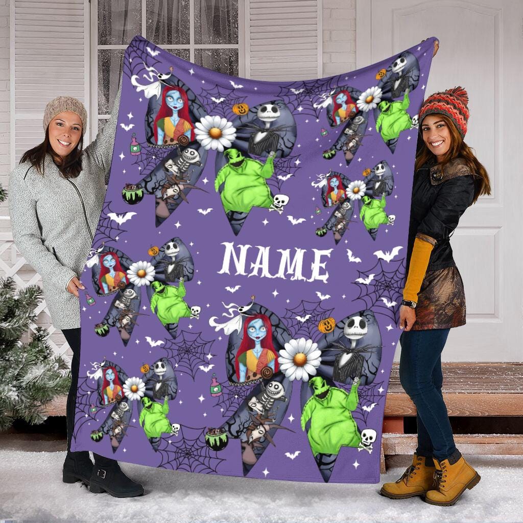 Personalized Nightmare Before Christmas Blanket, Custom Name Jack Skellington Sally Throw Blanket, Spooky Season Gothic Halloween Gift