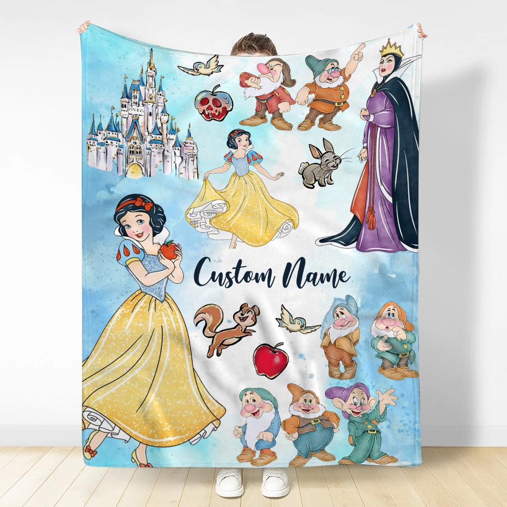 Personalized Snow White Blanket, Custom Name Disney Princess Throw Blanket, Evil Queen & Seven Dwarfs Cute Fleece Blanket Kids Gift