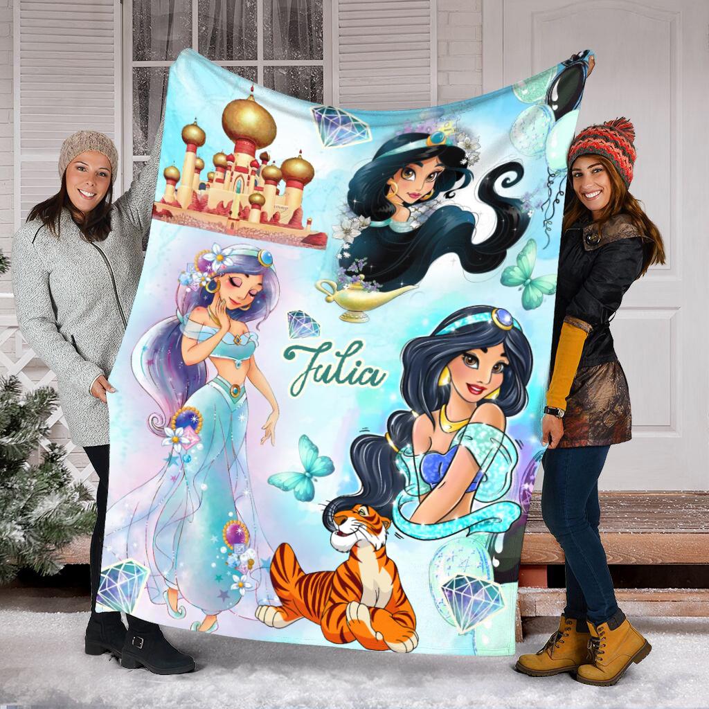 Personalized Princess Jasmine Blanket, Custom Name Disney Jasmine & Rajah Throw Blanket, Magic Lamp Palace Cute Fleece Blanket Kids Gift