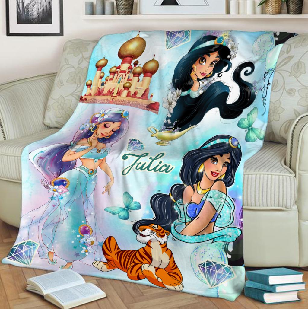 Personalized Princess Jasmine Blanket, Custom Name Disney Jasmine & Rajah Throw Blanket, Magic Lamp Palace Cute Fleece Blanket Kids Gift