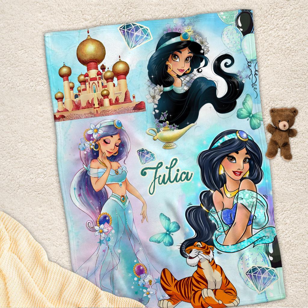 Personalized Princess Jasmine Blanket, Custom Name Disney Jasmine & Rajah Throw Blanket, Magic Lamp Palace Cute Fleece Blanket Kids Gift