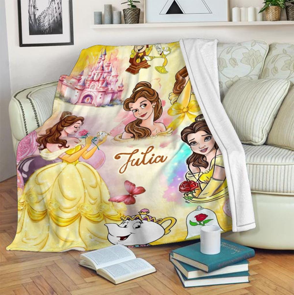 Personalized Princess Belle Blanket, Custom Name Beauty and the Beast Throw Blanket, Cute Fleece Blanket Kids Gift, Cute Fleece Blanket