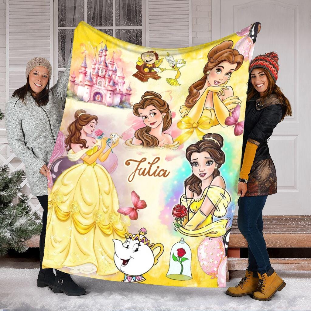 Personalized Princess Belle Blanket, Custom Name Beauty and the Beast Throw Blanket, Cute Fleece Blanket Kids Gift, Cute Fleece Blanket