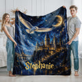 Personalized Wizard Blanket with Name, Magic Castle Throw, Starry Night Blanket, Fantasy Gift, Owl Blanket, Cozy Gift for Kids