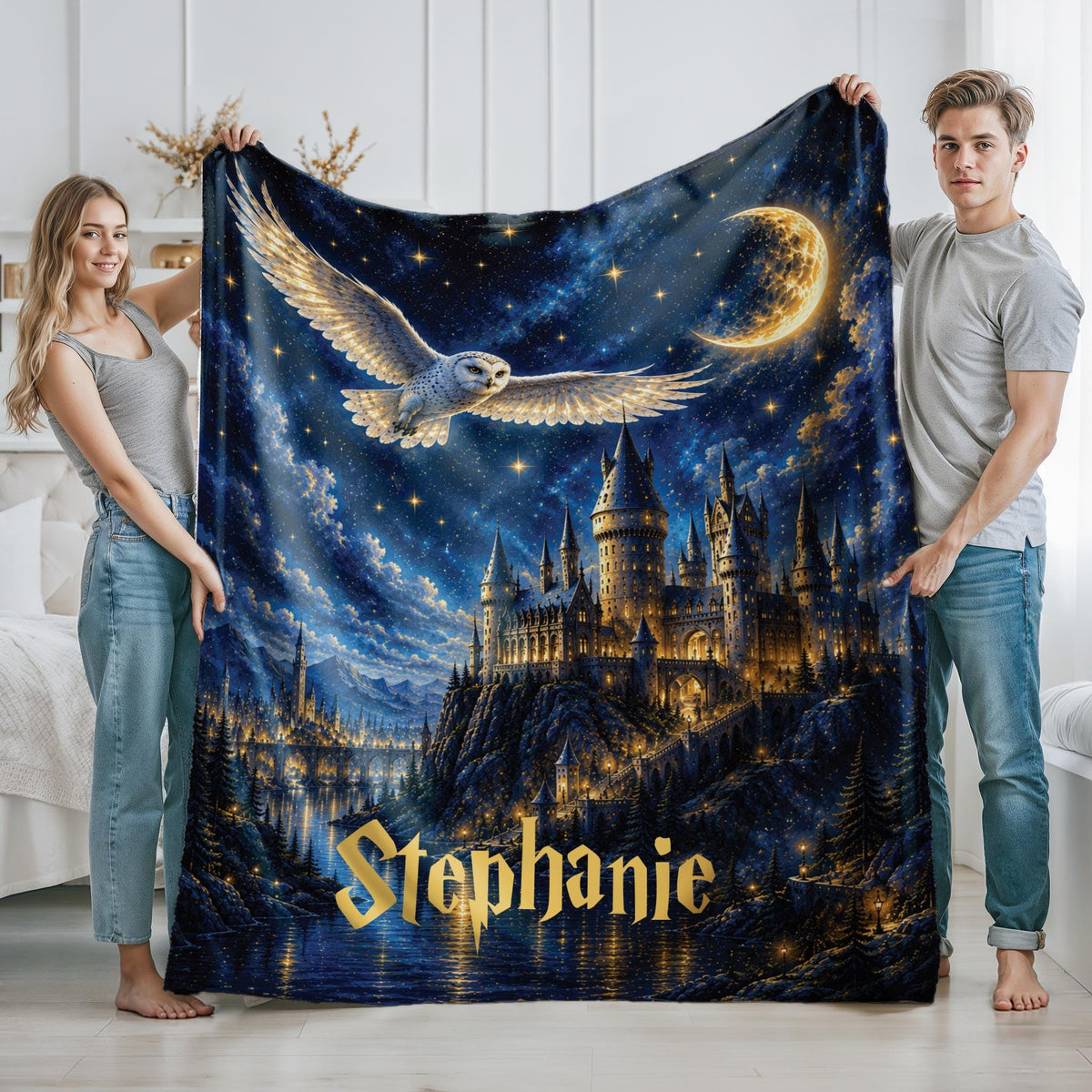 Personalized Wizard Blanket with Name, Magic Castle Throw, Starry Night Blanket, Fantasy Gift, Owl Blanket, Cozy Gift for Kids