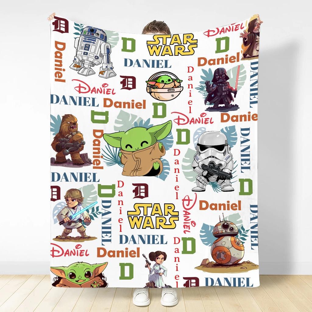 Personalized Star Wars Blanket, Custom Name Baby Yoda Darth Vader Throw Blanket, Cute Sci Fi Fleece Blanket Kids Bedroom Decor Gift