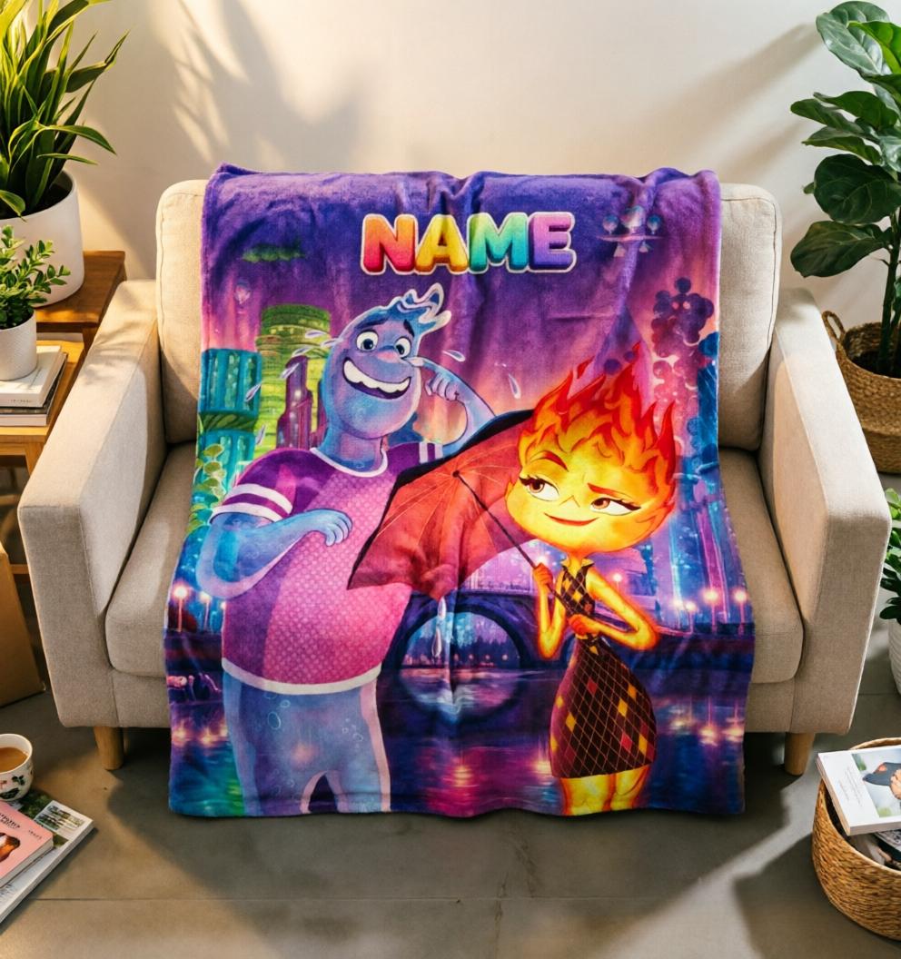 Personalized Elemental Blanket Soft Throw, Water Fire Character Plush Cover, Cozy Custom‑Name Throw for Kids Daily Relax
