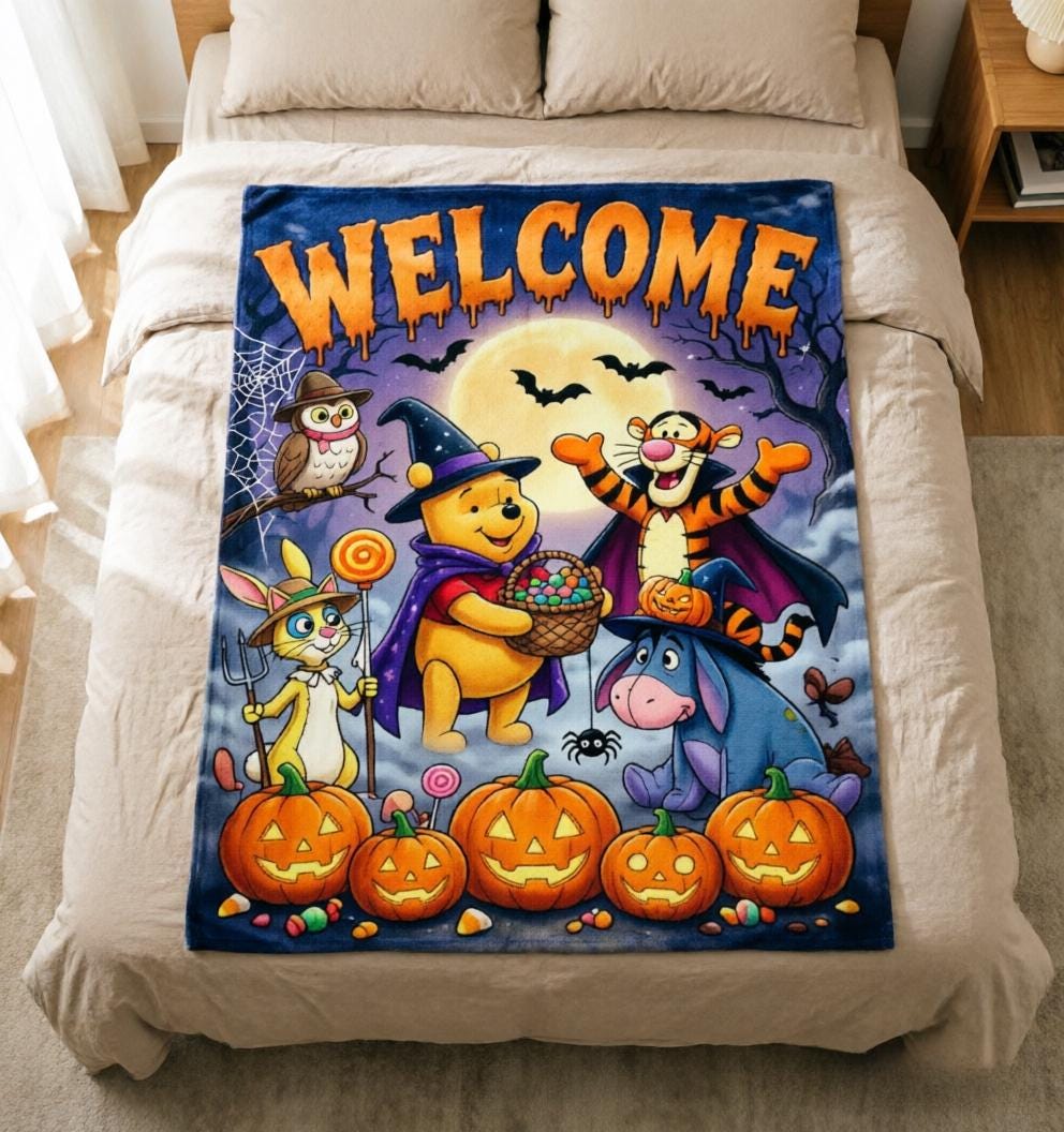 Personalized Pooh Blanket Soft Throw, Halloween Welcome Trick‑or‑Treat Plush Cover, Warm Festive Throw For Children Night Snuggle