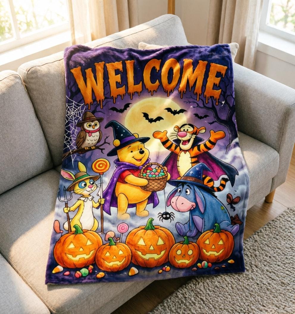 Personalized Pooh Blanket Soft Throw, Halloween Welcome Trick‑or‑Treat Plush Cover, Warm Festive Throw For Children Night Snuggle
