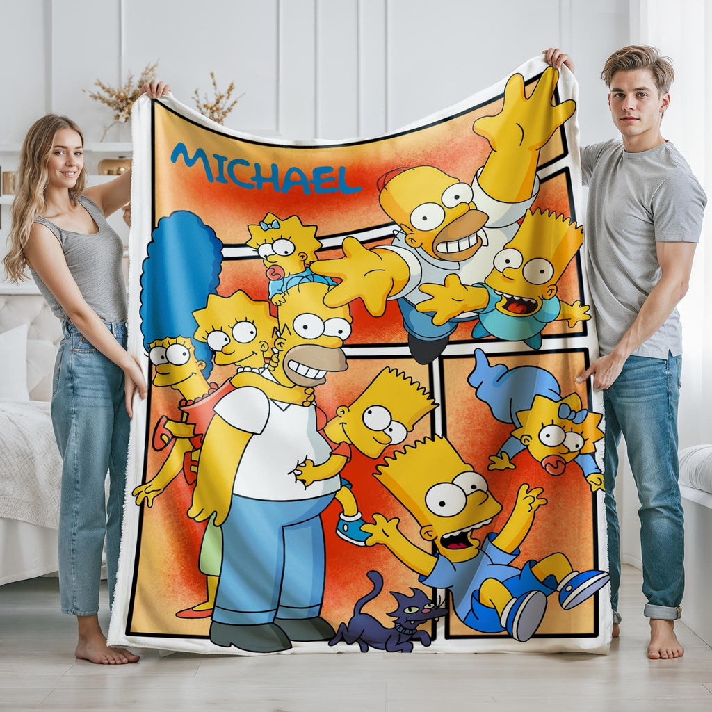 Personalized Simpsons Blanket, Custom Simpsons Throw with Name, Yellow Cartoon Family Blanket, Retro TV Show Gift, Cozy Kids Blanket