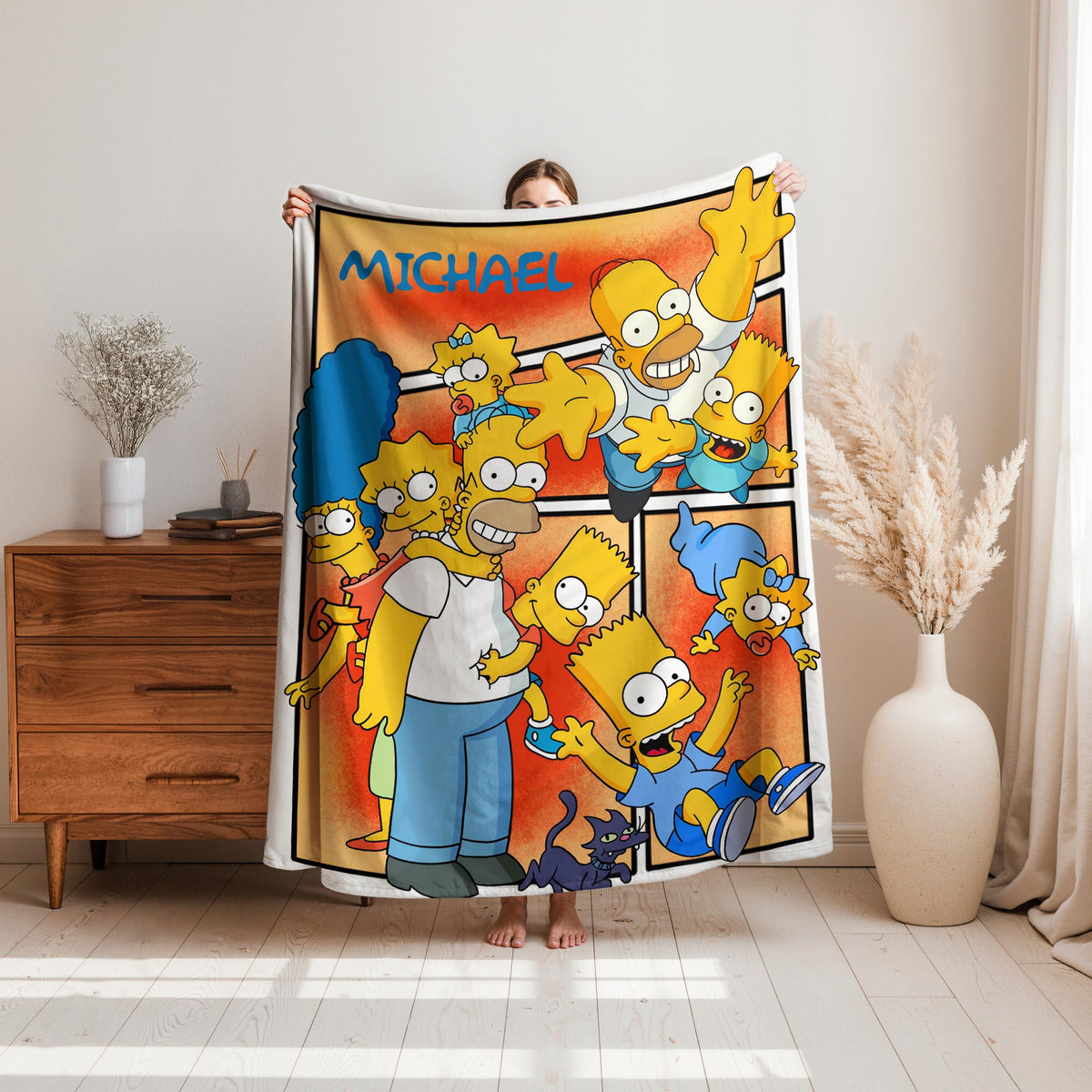 Personalized Simpsons Blanket, Custom Simpsons Throw with Name, Yellow Cartoon Family Blanket, Retro TV Show Gift, Cozy Kids Blanket