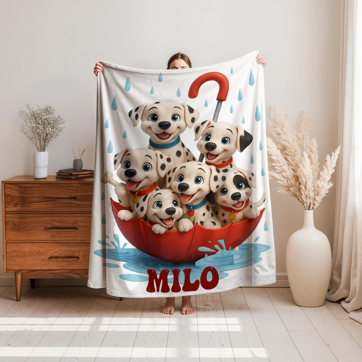 Personalized Dalmatian Puppy Blanket, Custom Puppy Throw with Name, Cute Spotted Dog Blanket, Rainy Day Puppy Gift, Cozy Kids Blanket
