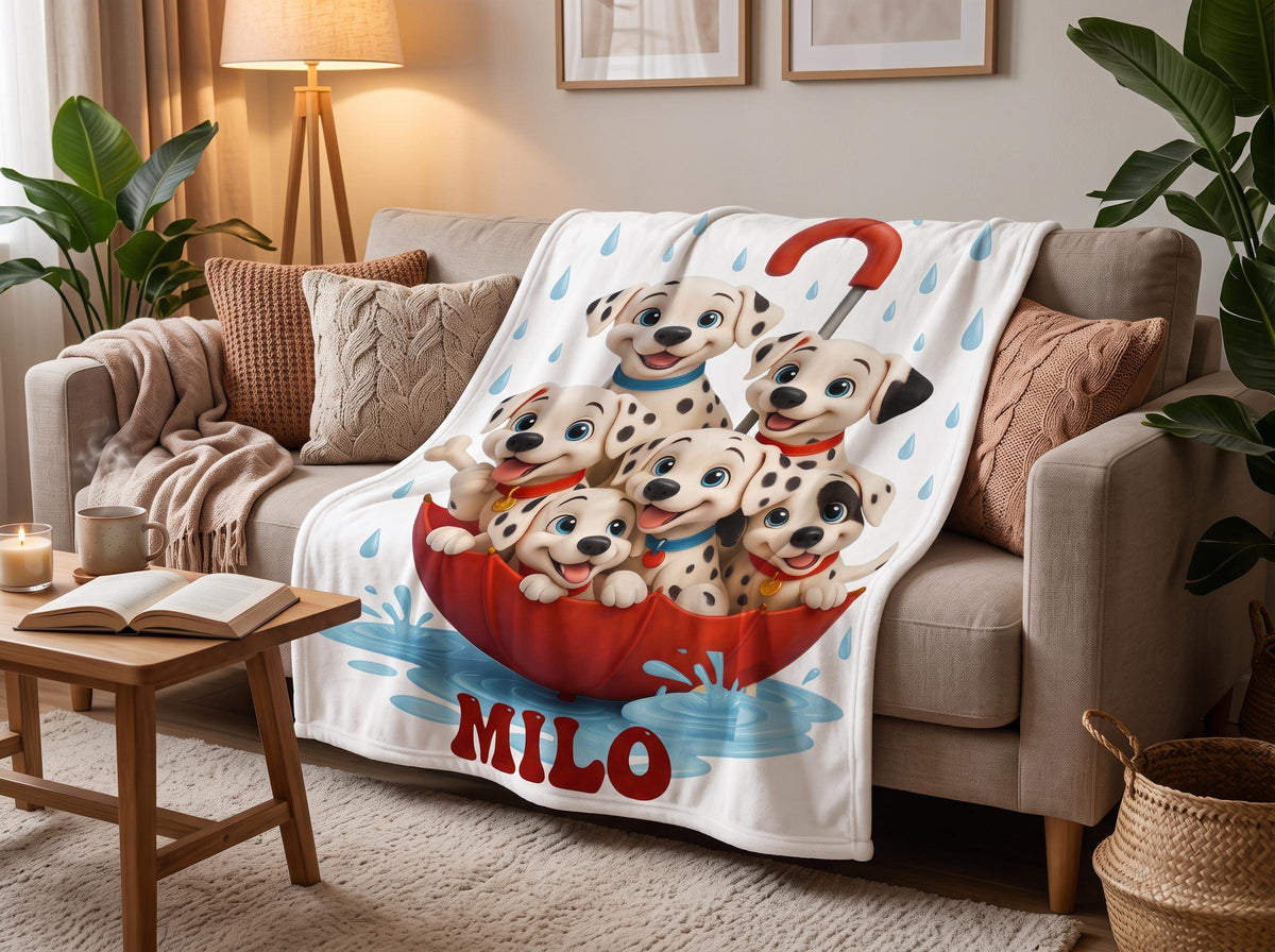Personalized Dalmatian Puppy Blanket, Custom Puppy Throw with Name, Cute Spotted Dog Blanket, Rainy Day Puppy Gift, Cozy Kids Blanket