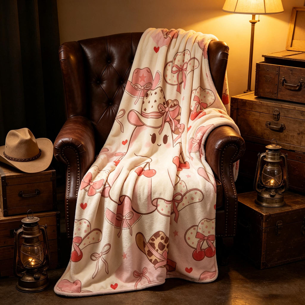 Cute Ghost Blanket, Pink Cowboy Throw, Cherry Halloween Flannel, Cozy Spooky Decor, Gift for Her