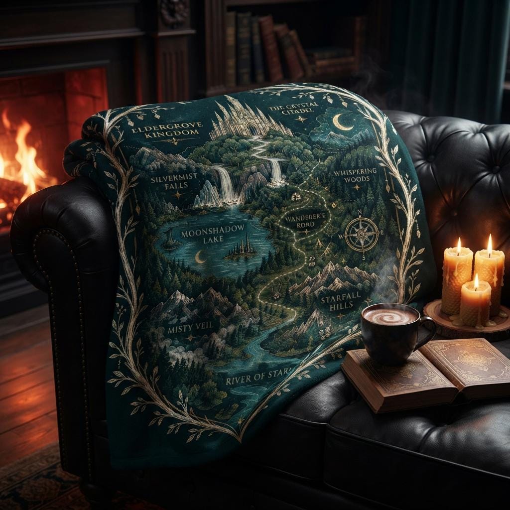 Adventure Map Blanket, Fantasy Castle Throw, Gold Green Flannel, Epic Quest Decor, Gift for Fantasy Lover