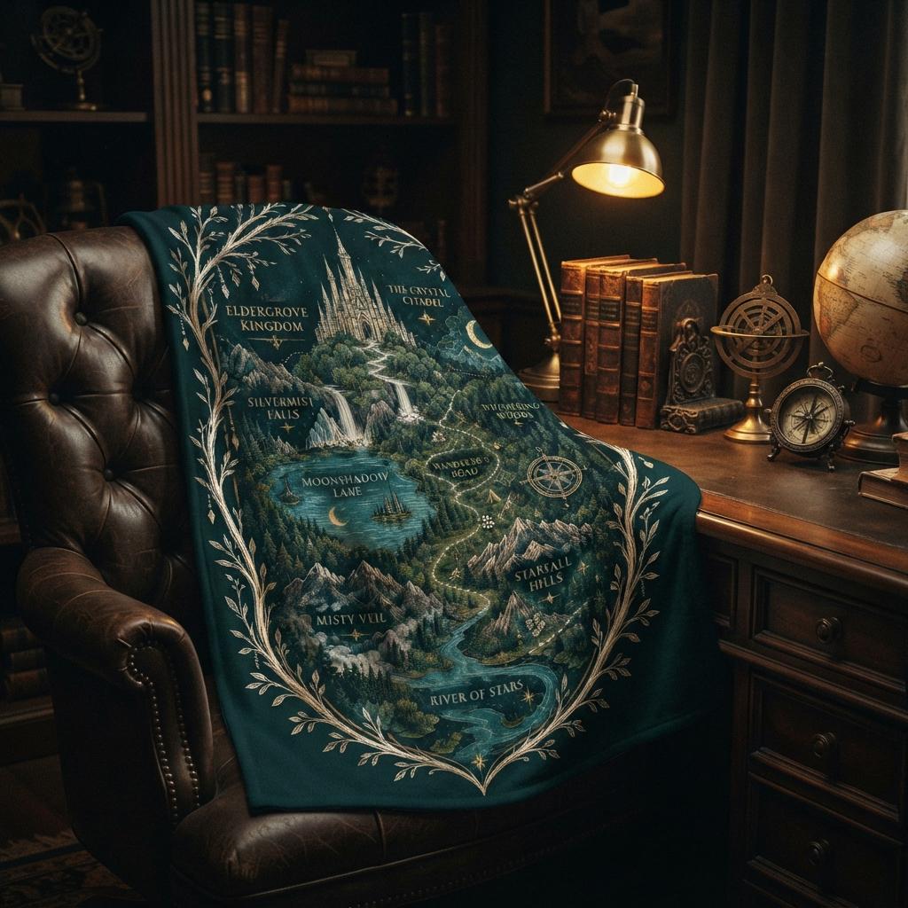 Adventure Map Blanket, Fantasy Castle Throw, Gold Green Flannel, Epic Quest Decor, Gift for Fantasy Lover