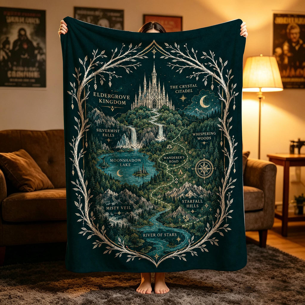Adventure Map Blanket, Fantasy Castle Throw, Gold Green Flannel, Epic Quest Decor, Gift for Fantasy Lover