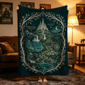 Adventure Map Blanket, Fantasy Castle Throw, Gold Green Flannel, Epic Quest Decor, Gift for Fantasy Lover