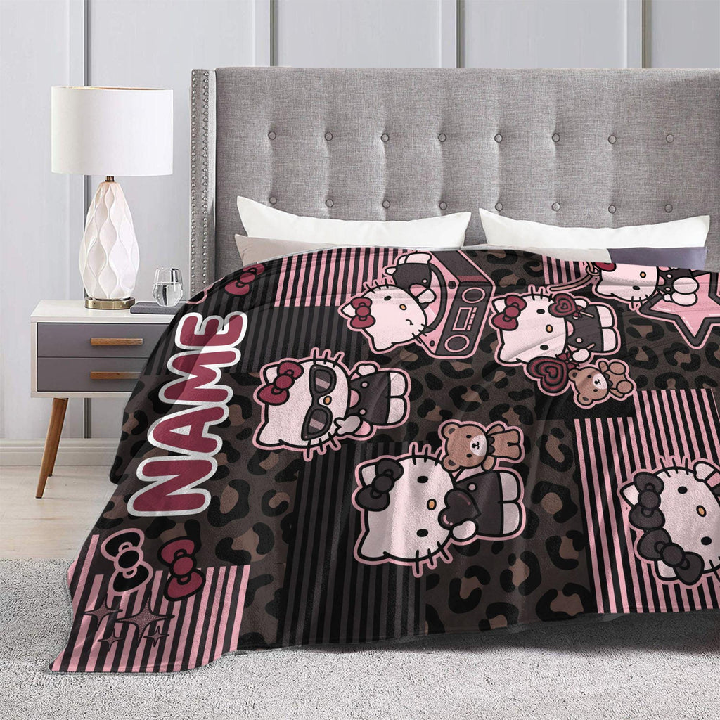 Personalized Leopard Kitty Blanket, Custom Name Y2K Throw, Girly Aesthetic Bedroom Bedding, Birthday Gift for Daughter Teen, Flannel Blanket