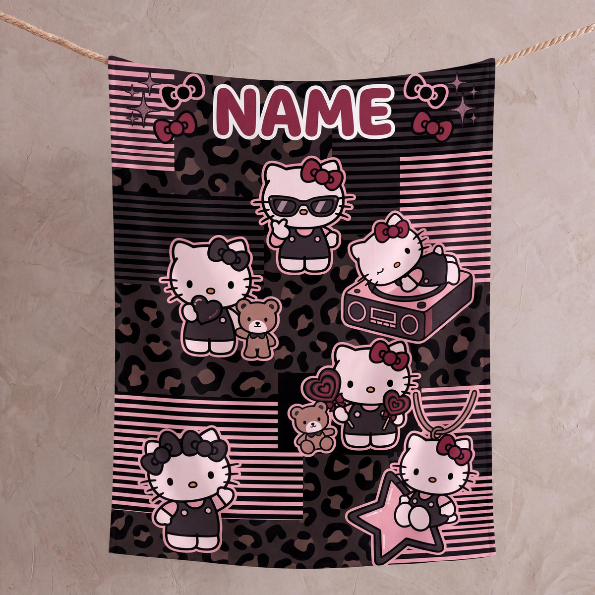 Personalized Leopard Kitty Blanket, Custom Name Y2K Throw, Girly Aesthetic Bedroom Bedding, Birthday Gift for Daughter Teen, Flannel Blanket