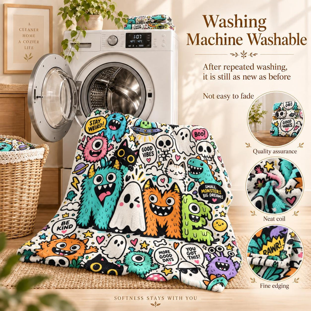 Monster Doodle Blanket Soft Throw, Weirdcore Fleece Throw, Funny Cryptid Creature Gift.