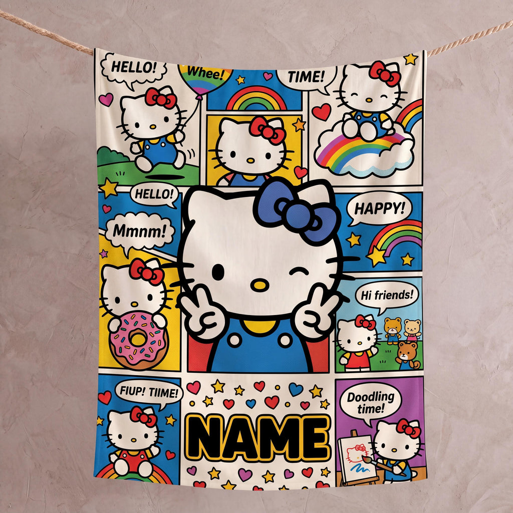 Personalized Comic Kitty Blanket, Custom Name Retro Cartoon Throw, Cute Kids Bedding Decor, Birthday Gift for Daughter Girl Flannel Blanket