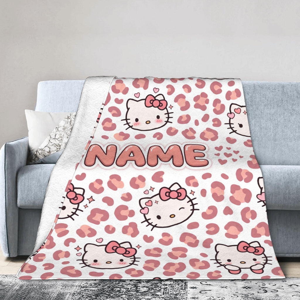 Personalized Pink Leopard Blanket, Custom Kitty Throw, Girly Nursery Bedroom Bedding, Birthday Gift for Daughter Girl, Flannel Fleece Throw