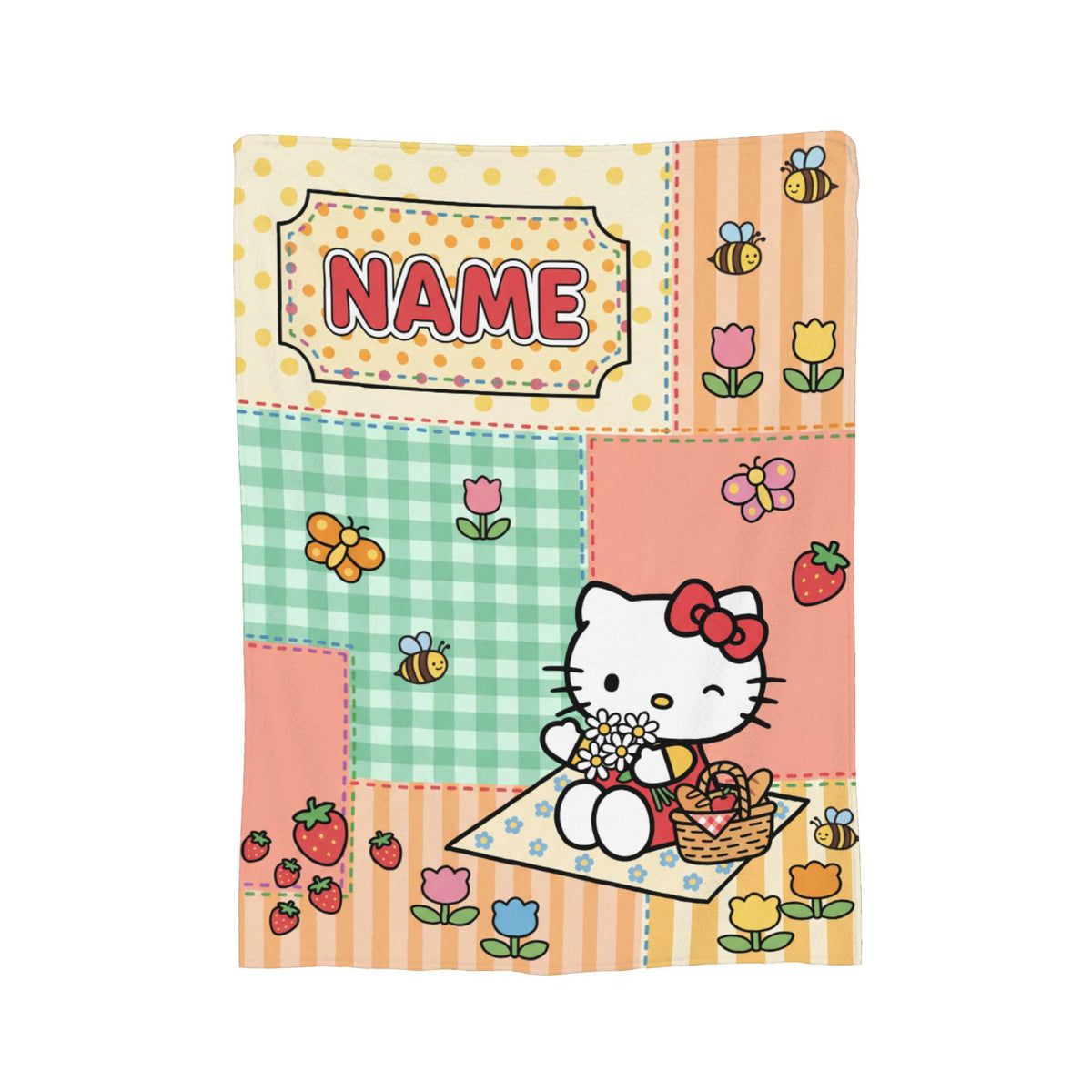 Personalized Garden Kitty Blanket, Custom Picnic Throw, Cute Strawberry Bee Nursery Bedding, Birthday Gift for Daughter Girl Flannel Blanket