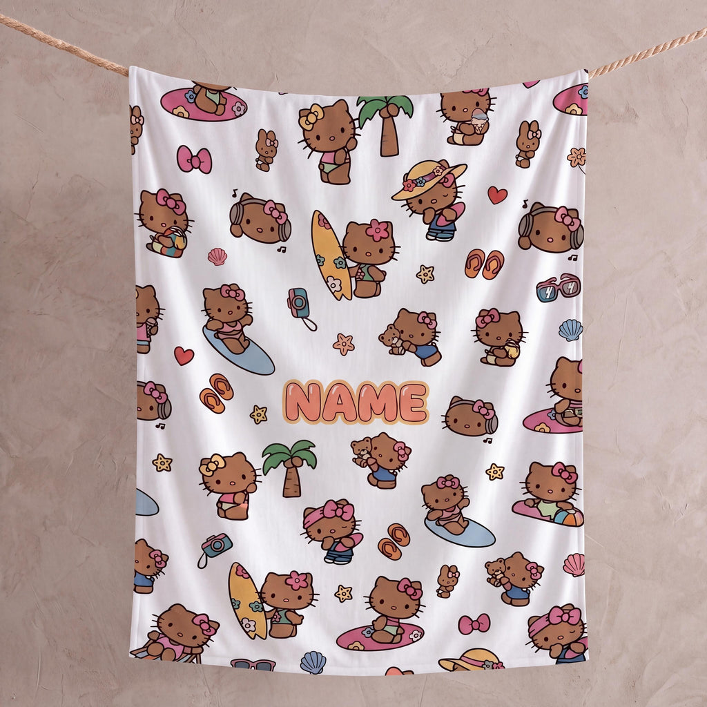 Personalized Hawaii Kitty Blanket, Custom Beach Throw, Tropical Kids Bedroom Bedding, Birthday Gift for Daughter Girl, Flannel Fleece Throw