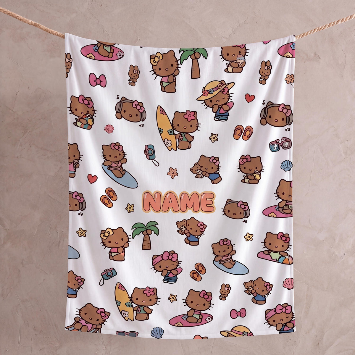 Personalized Hawaii Kitty Blanket, Custom Beach Throw, Tropical Kids Bedroom Bedding, Birthday Gift for Daughter Girl, Flannel Fleece Throw