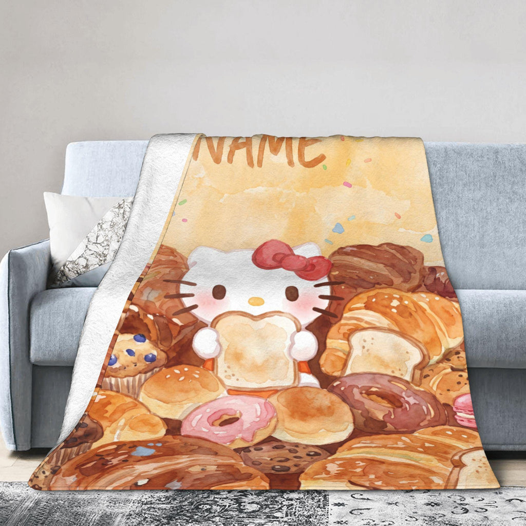 Personalized Bakery Kitty Blanket, Custom Bread Pastry Throw, Cute Foodie Nursery Bedding, Birthday Gift for Daughter Girl Flannel Blanket