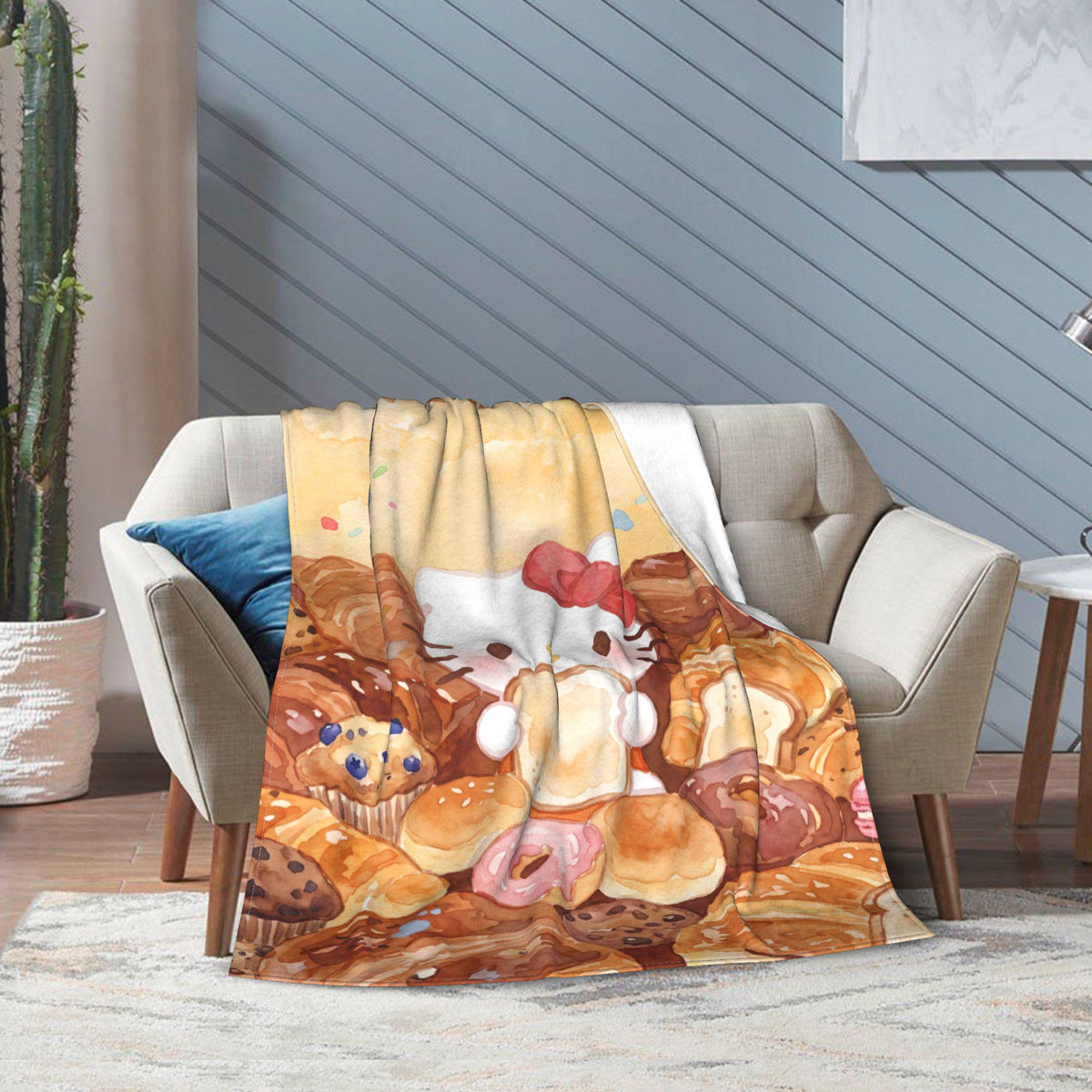 Personalized Bakery Kitty Blanket, Custom Bread Pastry Throw, Cute Foodie Nursery Bedding, Birthday Gift for Daughter Girl Flannel Blanket